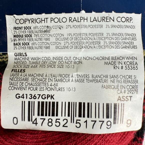 Polo Ralph Lauren Girl's Socks Polo Bear Set of 3 pairs 10-13 shoes / 4-6x socks - Picture 7 of 7